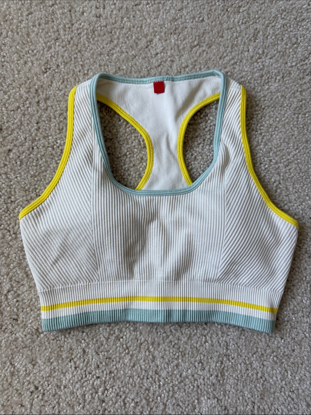 Wilson White Ribbed Sports Bra with Yellow and Light Blue Trim